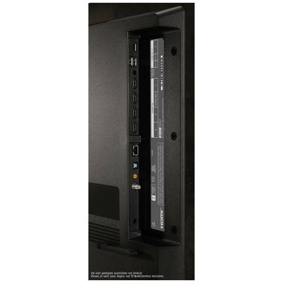 Die Rückseite eines Fernsehers mit HDMI-, USB- und Netzwerkanschlüssen sowie Beschriftungen. Details zur Anordnung der Anschlüsse sichtbar.