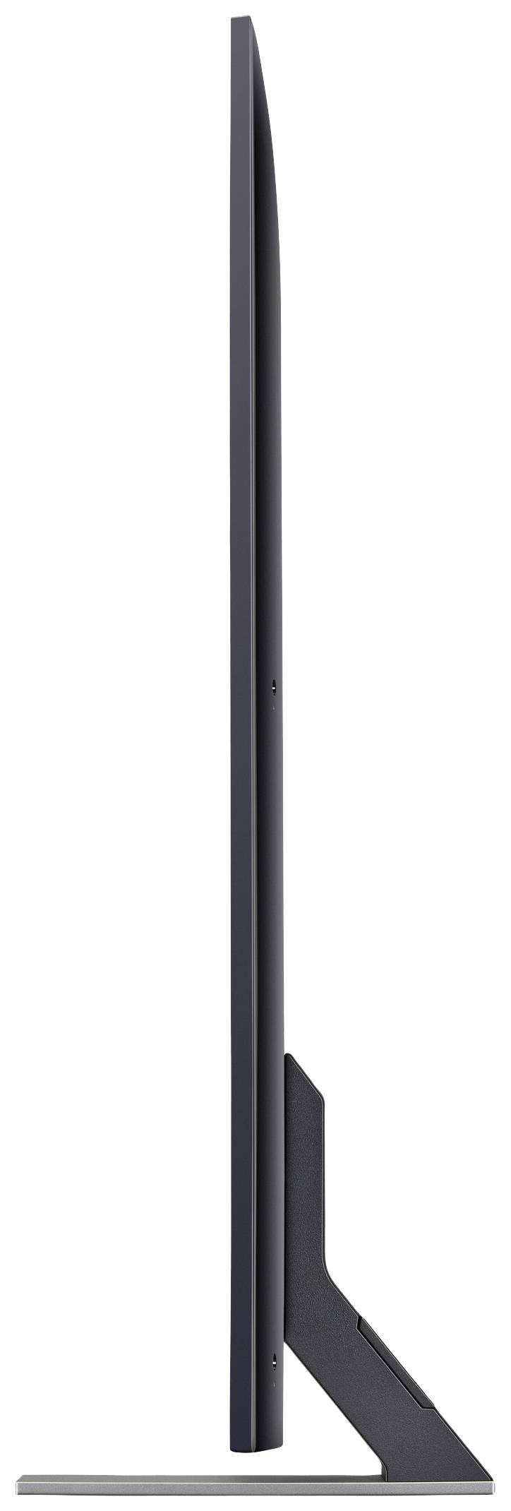 Seitenansicht eines schlanken Bildschirms auf einem Standfuß, zeigt das dünne Profil des Monitors und das kantige Design des Standfußes.