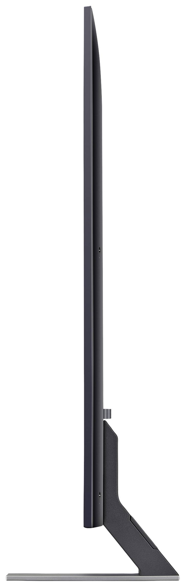 Seitenansicht eines schlanken Computer- oder Fernseherbildschirms auf einem schmalen Standfuß.