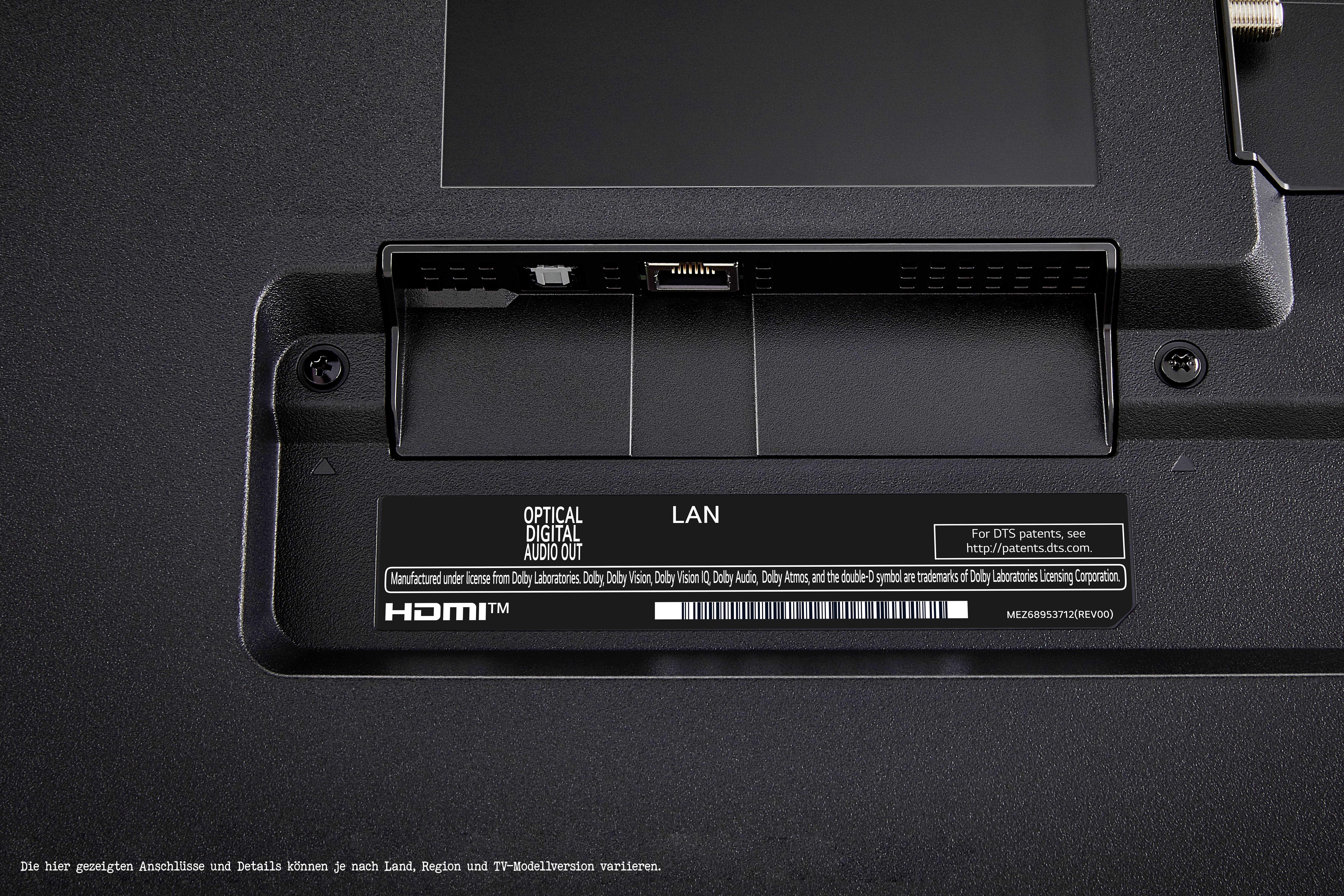 'HDMI'-Anschlussbereich an einem Gerät mit optischem Audioausgang und LAN-Anschluss.