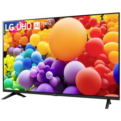 Ein LG UHD AI ThinQ Fernseher zeigt ein buntes Display mit vielen farbigen Kugeln, die sich in Größe und Farbe unterscheiden.