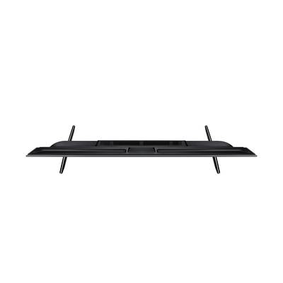 Flache schwarze TV-Halterung mit zwei Metallstreben, seitliche Ansicht.