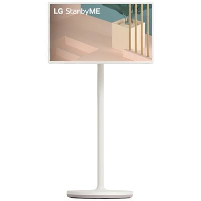 Ein weißer LG StanbyME Bildschirm auf einem Standfuß, zeigt ein modernes Raumdesign mit Treppen und Pflanzen.