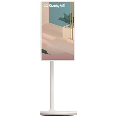 Ein eleganter Standfuß mit modernem Bildschirm. Auf dem Display ist eine stilisierte Grafik eines Zimmers mit Pflanze, schräger Ansicht.