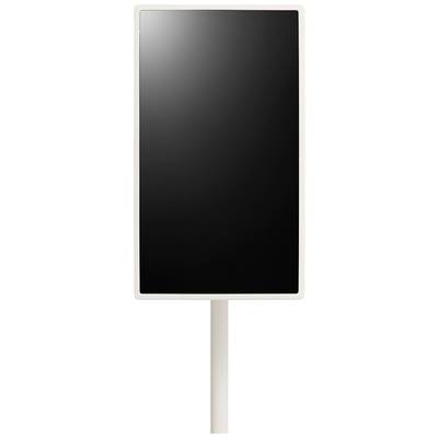 Rechteckiges, vertikal aufgestelltes Schild mit schwarzer Fläche, montiert auf einem weißen Pfosten.