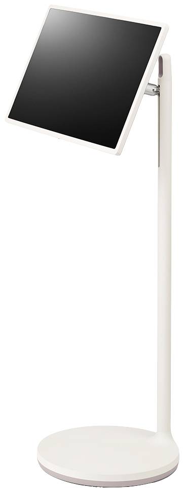 Ein weißer Tablet-Ständer mit verstellbarem Arm und rundem Sockel. Der Bildschirm ist leicht nach vorne geneigt.