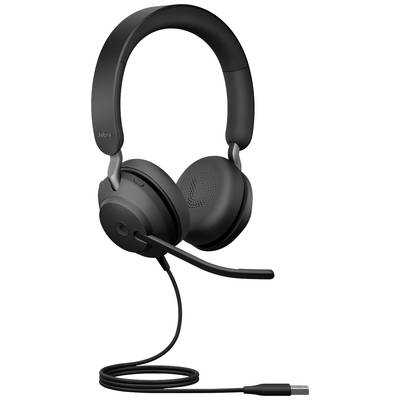 Schwarzes Headset mit Mikrofon und USB-Anschlusskabel, geeignet für Computer oder Telefon.