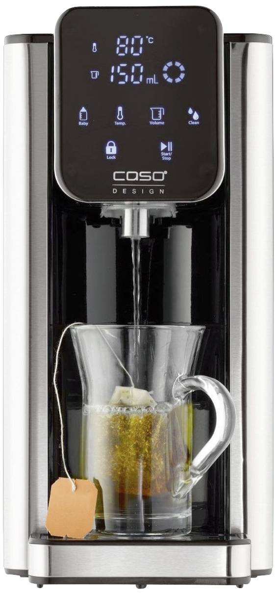 Teekocher mit digitalem Display zeigt 80°C, 150 ml. Eine Glastasse mit Teebeutel steht unter dem Ausguss.