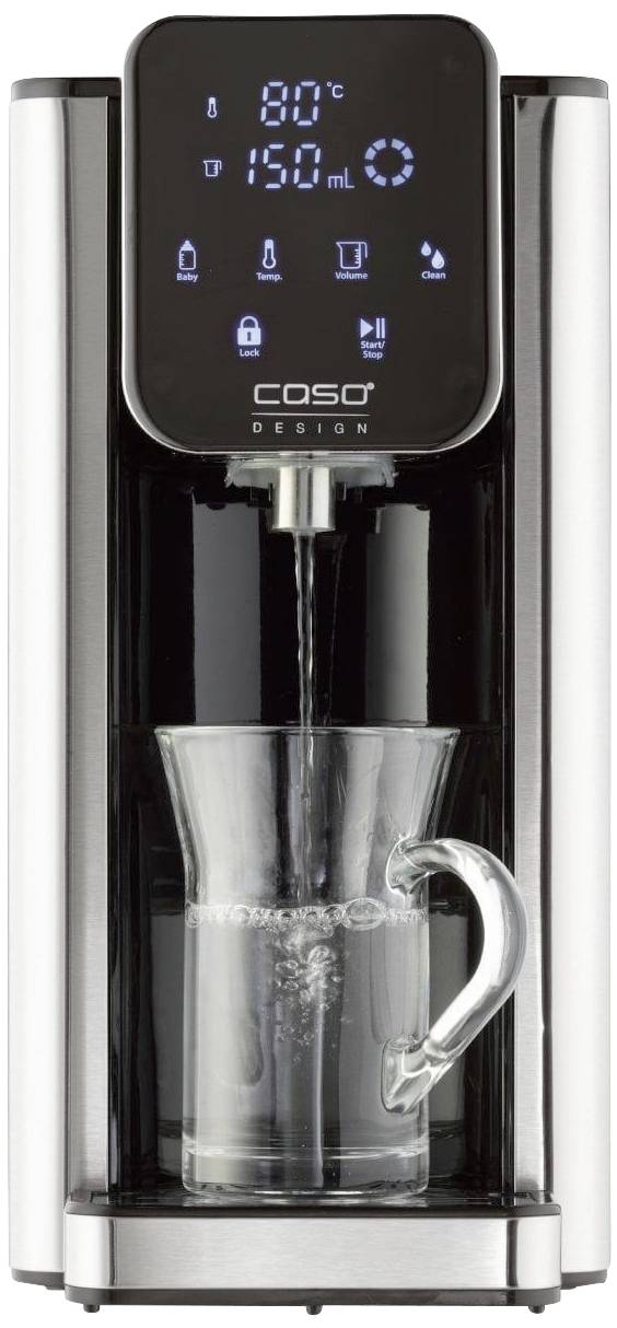 'Caso Design' Heißwasserspender mit digitaler Anzeige, zeigt 80°C und 150 ml. Glasbecher darunter, Wasser fließt ein.
