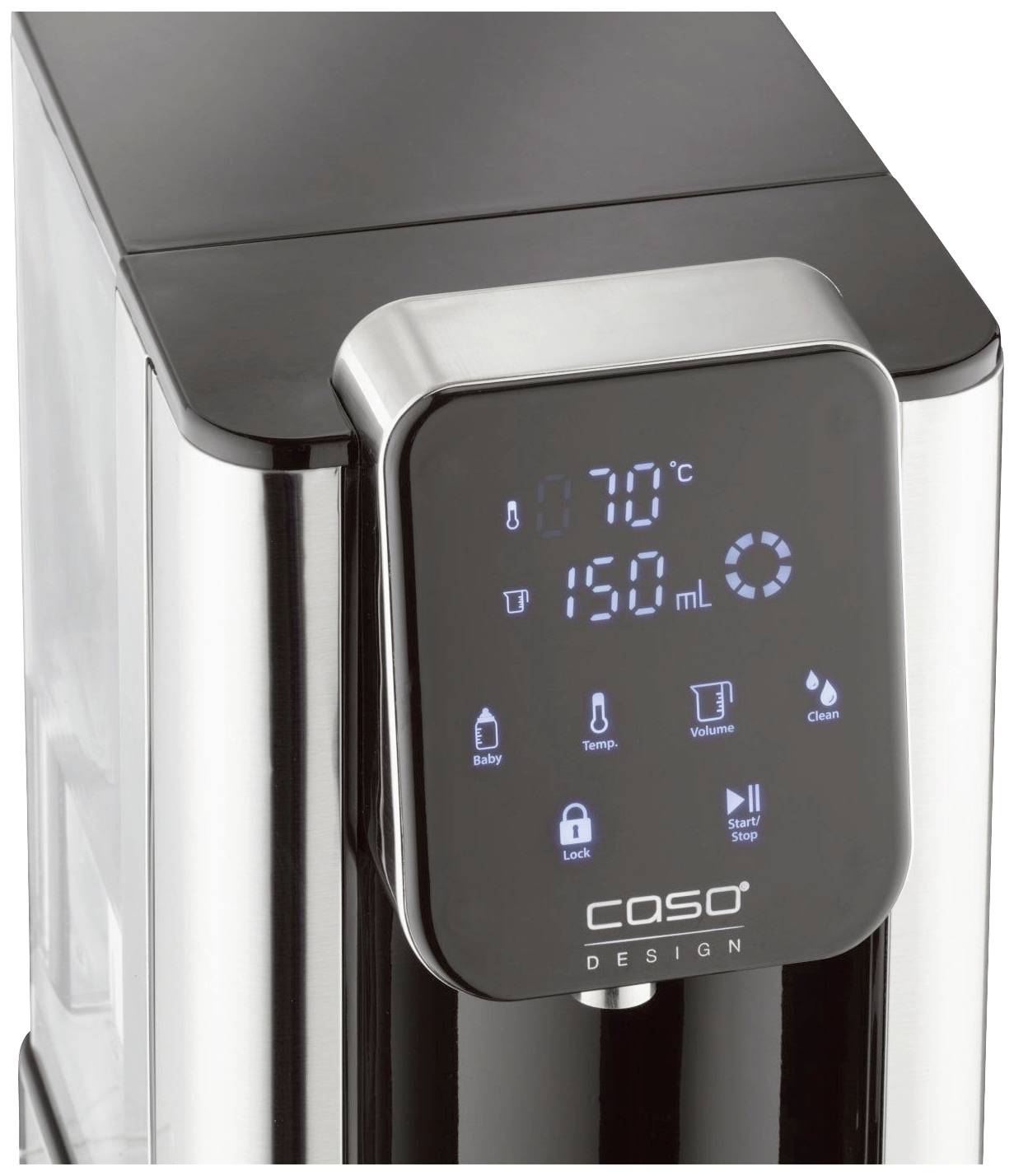 Wasserkocher mit Display zeigt '70°C' und '150 mL'. Es gibt Symbole für Babys, Temperatur, Reinigung, Sperre und Start/Stop.
