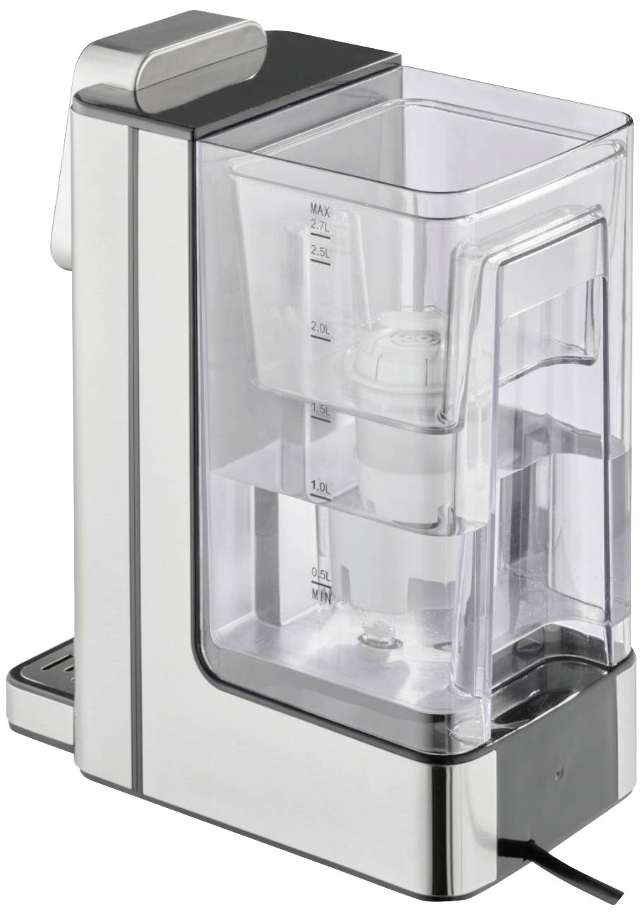 Ein silberner elektrischer Wasserkocher mit transparentem Behälter und Messskala. Der Kocher ist in einem modernen Design gehalten.