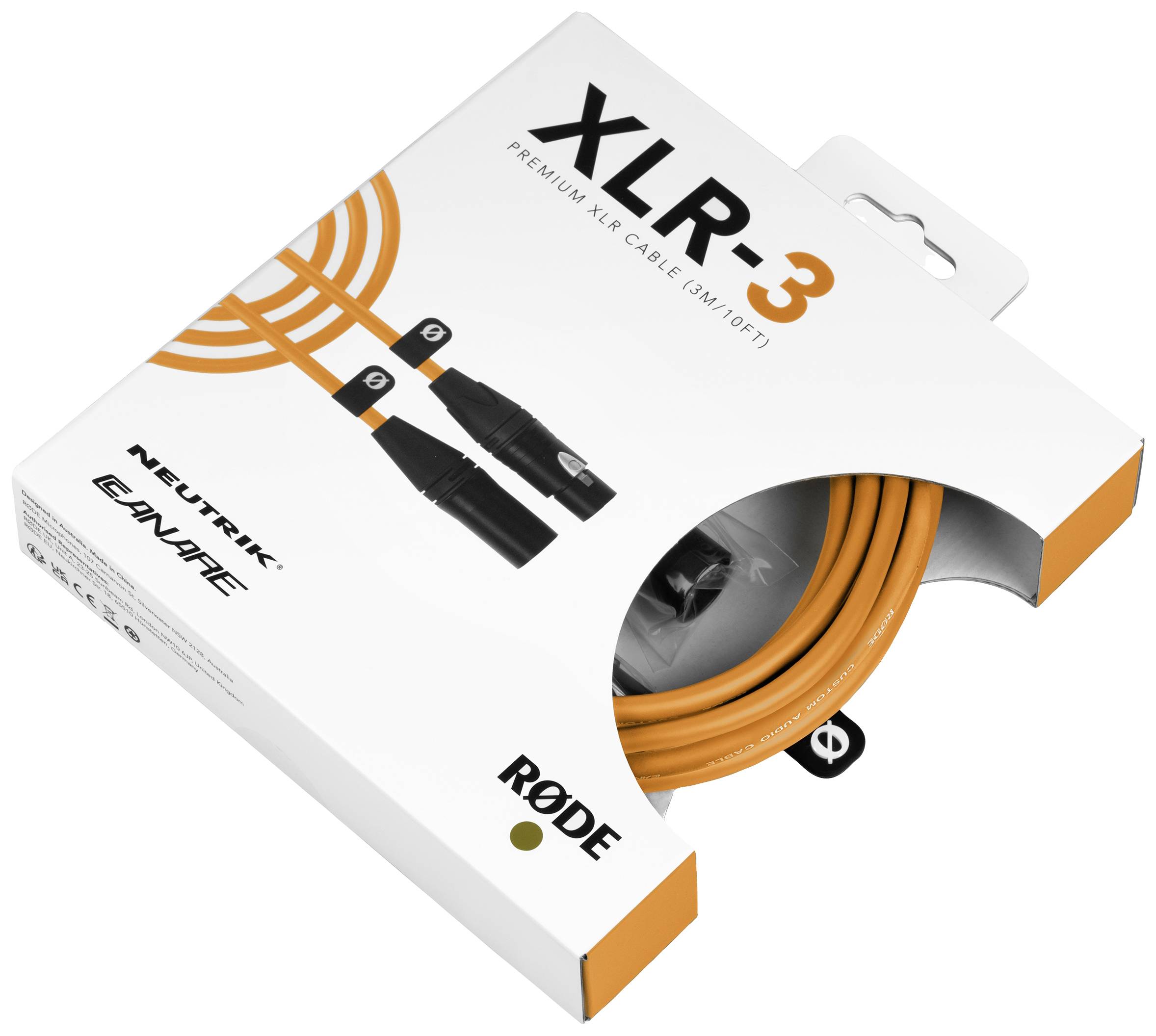 XLR-3 Premium XLR-Kabel in orangefarbener Verpackung, 3 Meter. Marken: Neutrik, RØDE. Verpackung teilweise geöffnet, Kabel sichtbar.