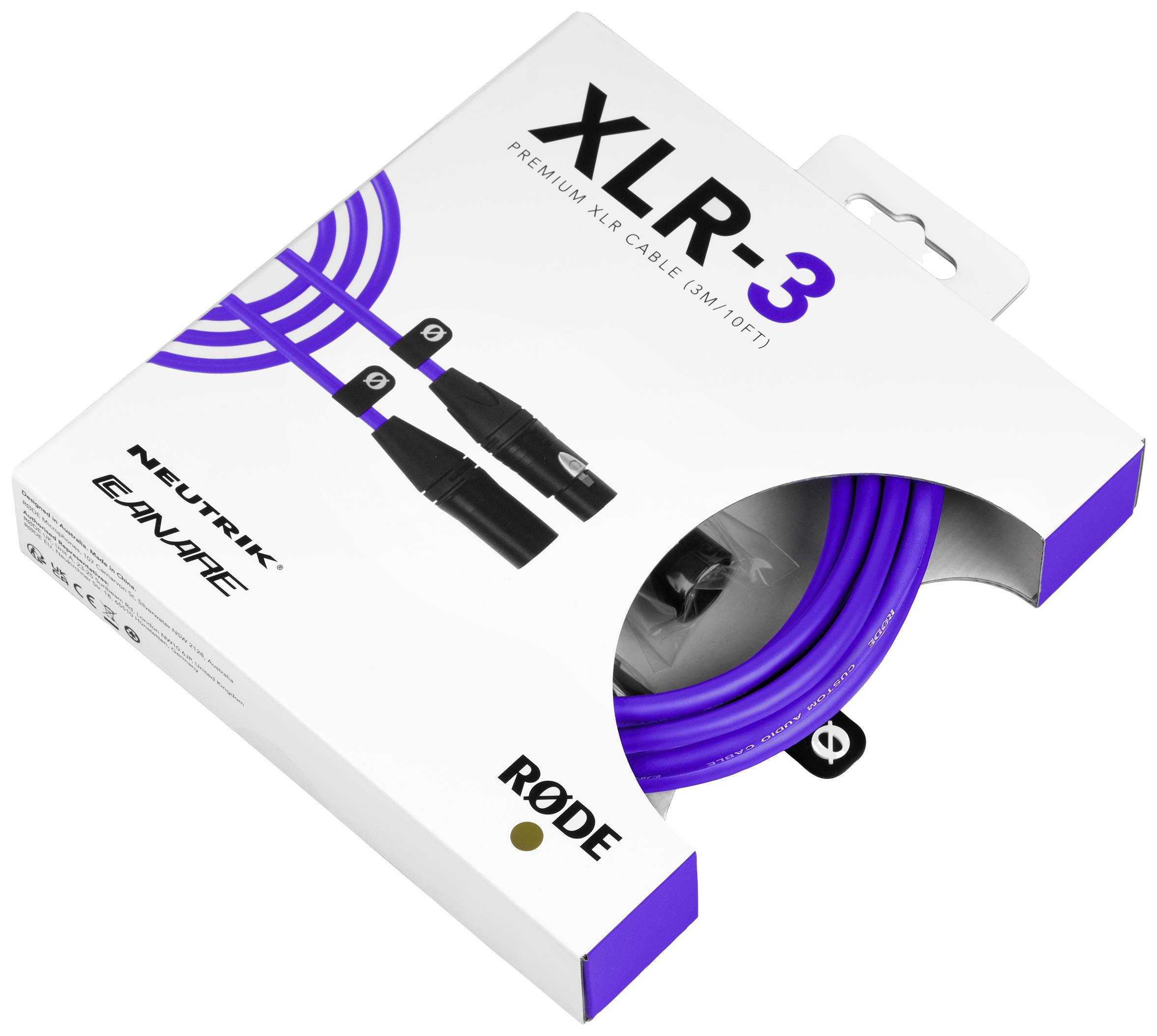 'RØDE XLR-3' Kabelverpackung zeigt das Premium-XLR-Kabel in Lila. Geeignet für Audioaufnahmen, 3 Meter lang. enthält Neutrik Stecker.