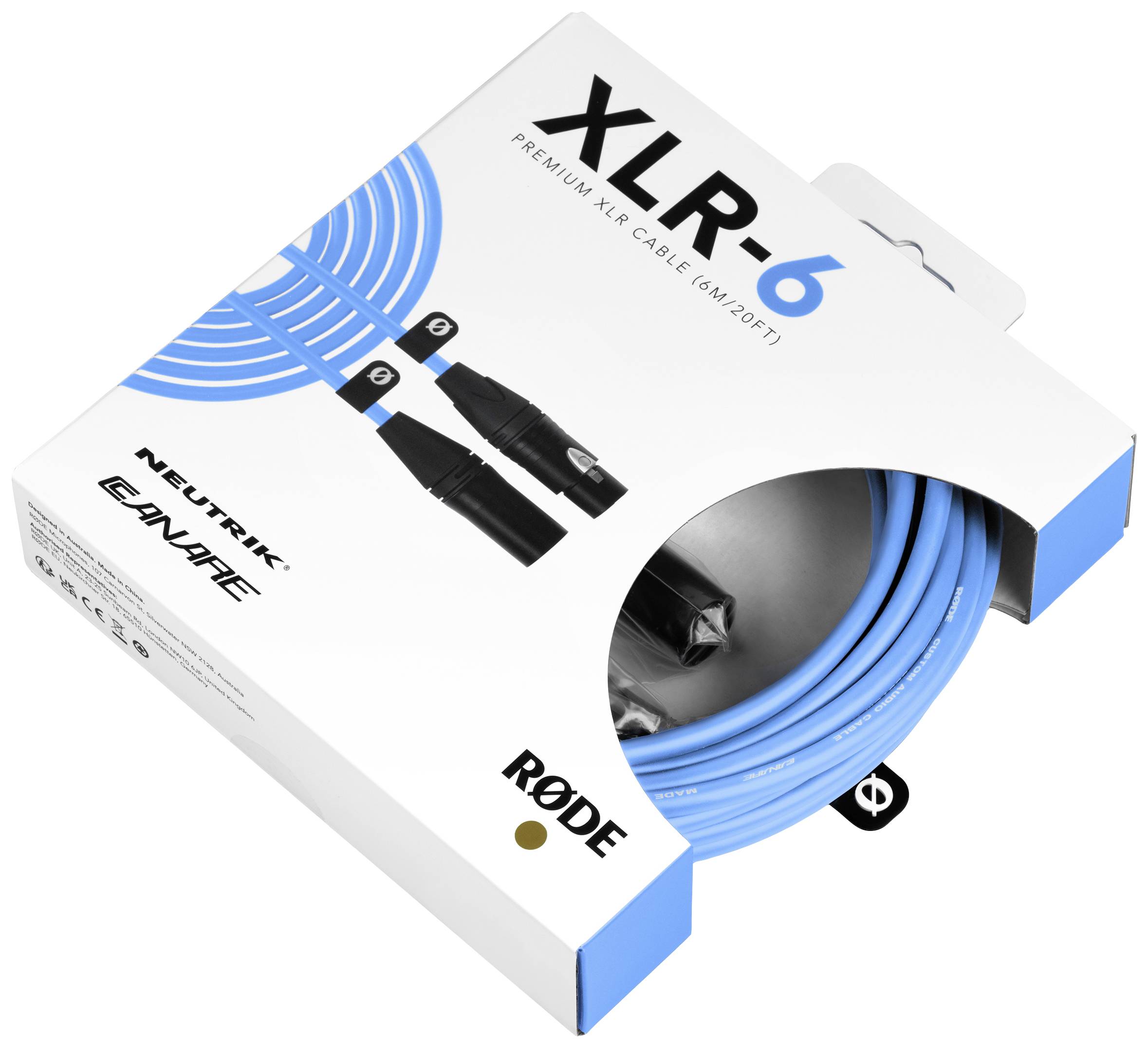 'XLR-6 Premium XLR-Kabel (6m/20ft)' in blauer Verpackung, zeigt Kabel mit XLR-Steckern, Marken 'Neutrik', 'Canare', 'RØDE'.