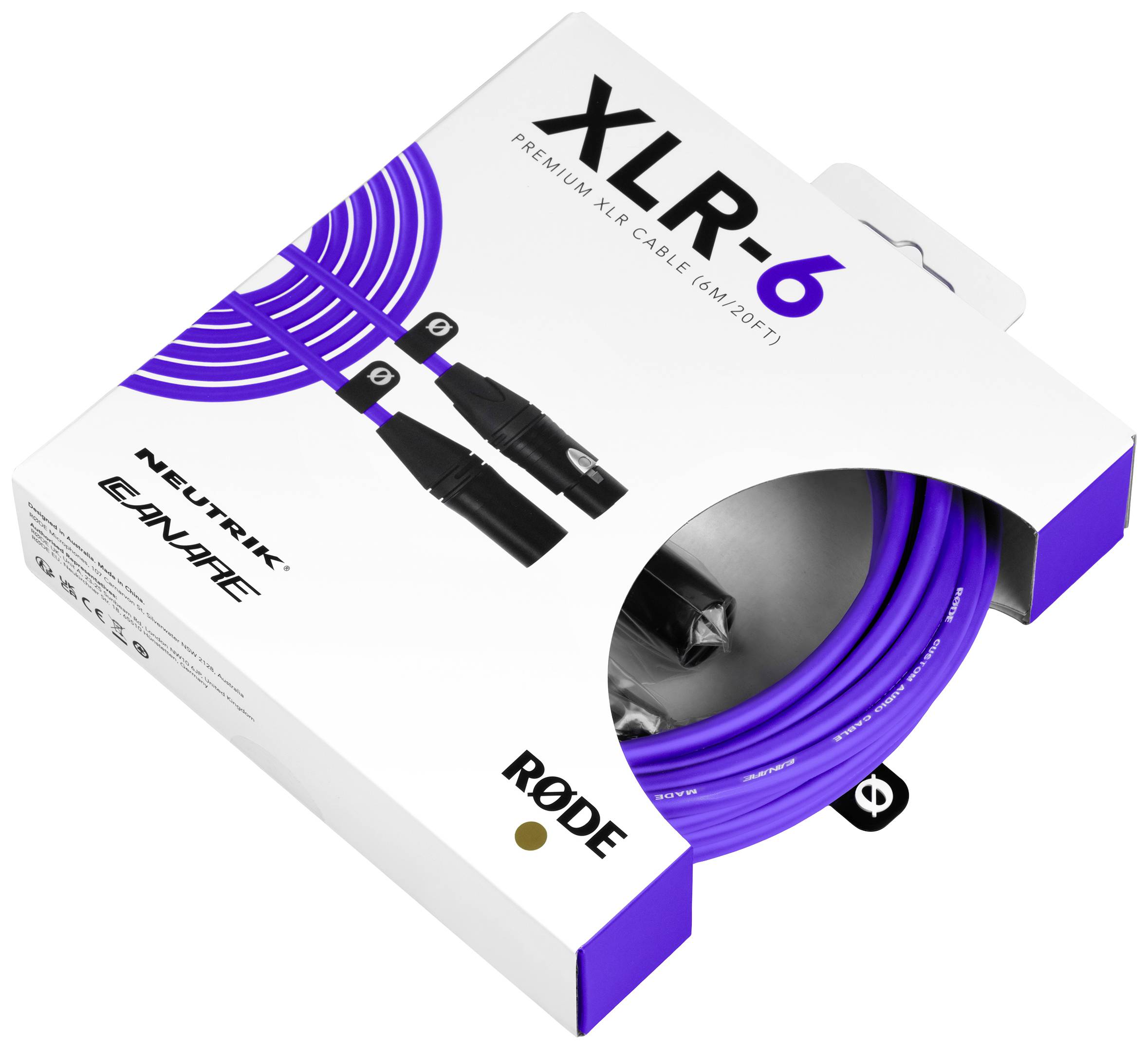 Verpackungsdesign eines lila XLR-Kabels 'RØDE XLR-6', 6 m lang. Zeigt Kabelabdrücke und Textdetails auf weißem Hintergrund.