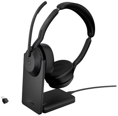 Jabra Evolve 2 55 MS Stereo Computer On Ear Headset Bluetooth® Stereo Schwarz Noise Cancelling, Mikrofon-Rauschunterdrückung inkl. Lade- und Dockingstation
