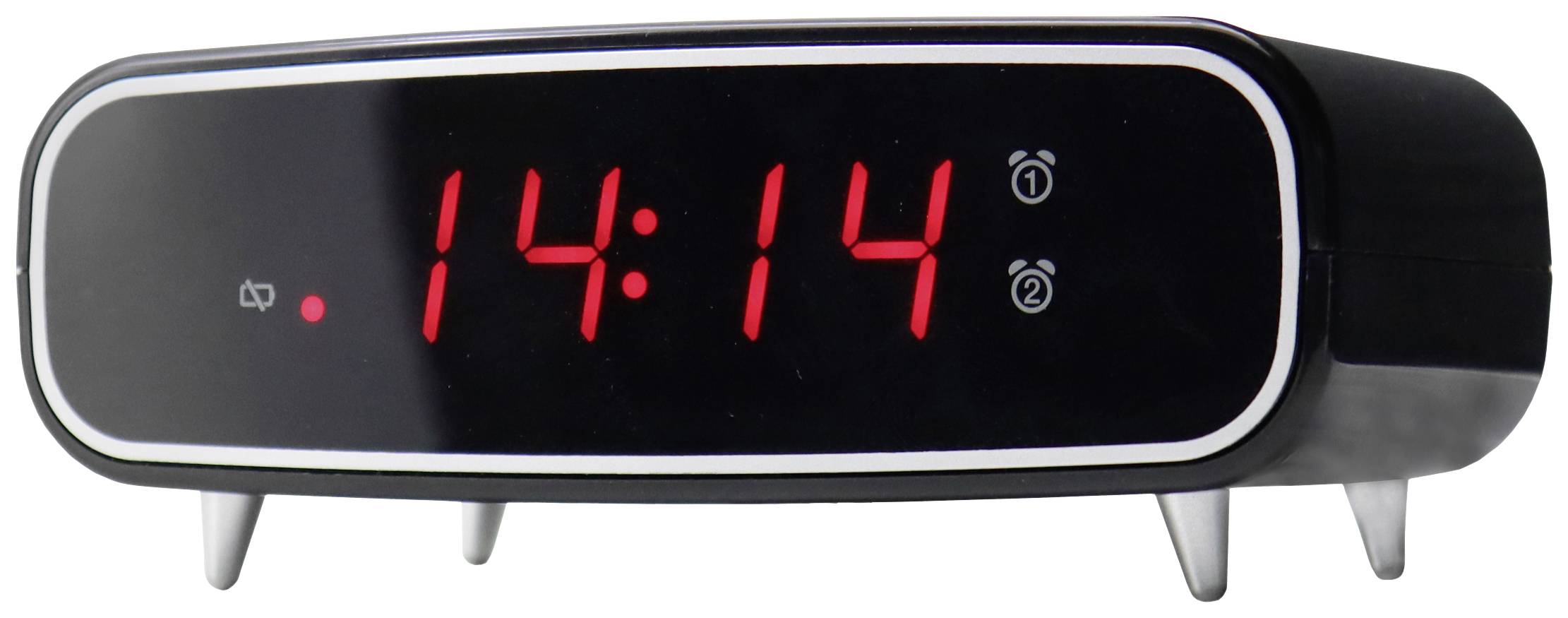 Digitaler Wecker zeigt die Zeit '14:14' in roten Ziffern auf schwarzem Hintergrund.