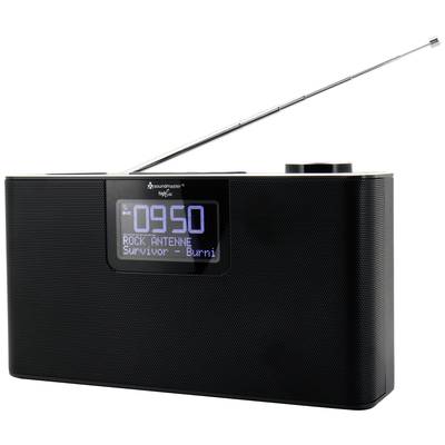 Schwarzes tragbares Radio mit ausziehbarer Antenne. Display zeigt '09:50' und 'Rock Antenne, Survivor – Burnin' an.