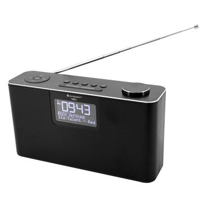 Tragbares Radio mit Teleskopantenne. Auf dem Display stehen '09:43', 'ROCK ANTENNE' und ein Songtitel.