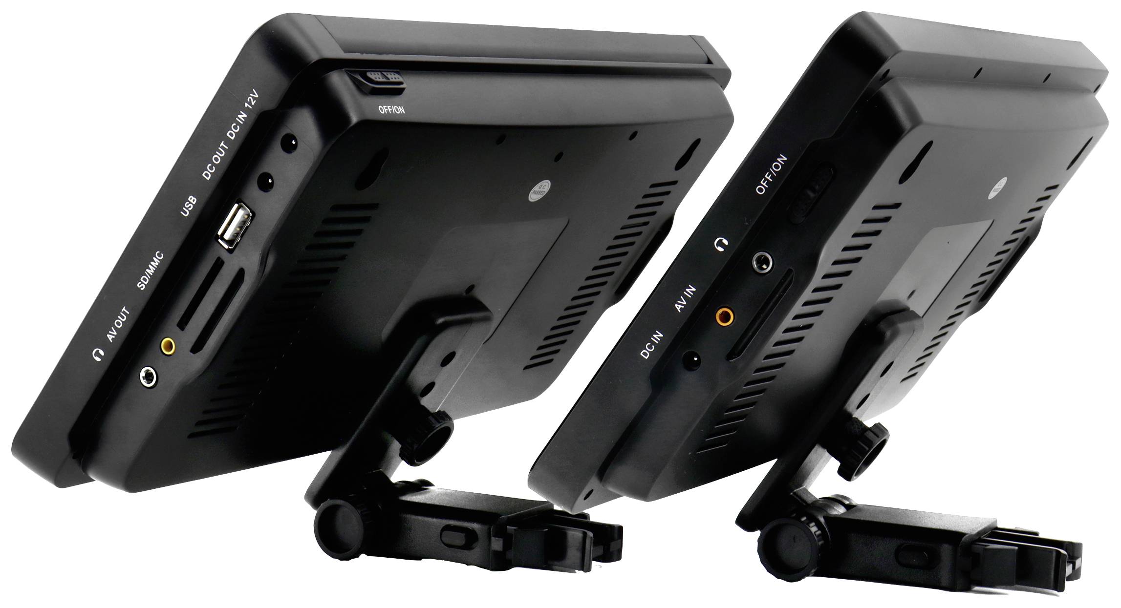 Zwei schwarze, tragbare LCD-Monitore mit Standfüßen. Sie zeigen Anschlüsse wie USB, HDMI und AV auf der Seite von jedem Gerät.