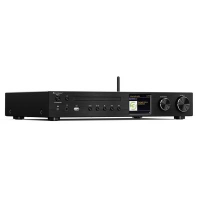 Schwarzes Audio-Receiver-Gerät mit Display, zwei großen Drehknöpfen rechts, mehreren kleineren Tasten links und einer USB-Schnittstelle.