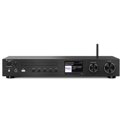 Ein elegantes schwarzes Audiogerät mit einem Display, auf dem „Internet Radio" und die Details des aktuell spielenden Songs angezeigt werden. Verfügt über Bedienungsknöpfe und einen USB-Anschluss.