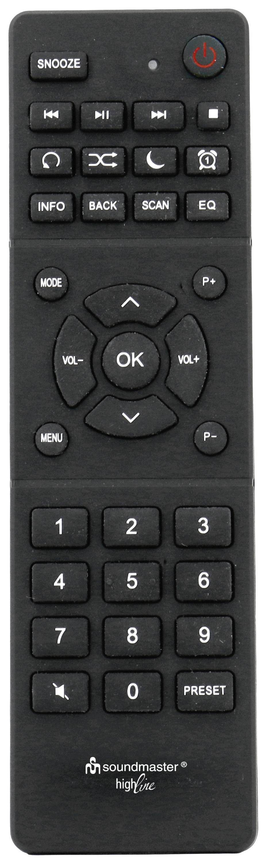 Schwarze Fernbedienung mit Tasten für Lautstärke, Power, Menü und numerische Eingabe. Tasten für Funktionen wie 'SNOOZE', 'EQ'.