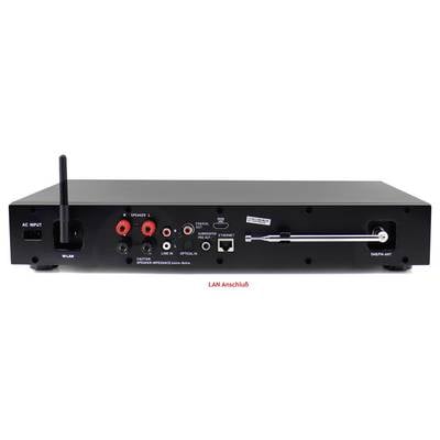 Rückansicht eines schwarzen Audiogeräts mit verschiedenen Anschlüssen, darunter AC-Eingang, Lautsprecherausgang, Line-In, optischer Eingang und Ethernet.