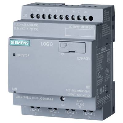 Siemens Logo-Modul, grau, mit Anschlüssen oben und unten, grünem Logo links. Anzeige von Betrieb und LAN-Verbindung.
