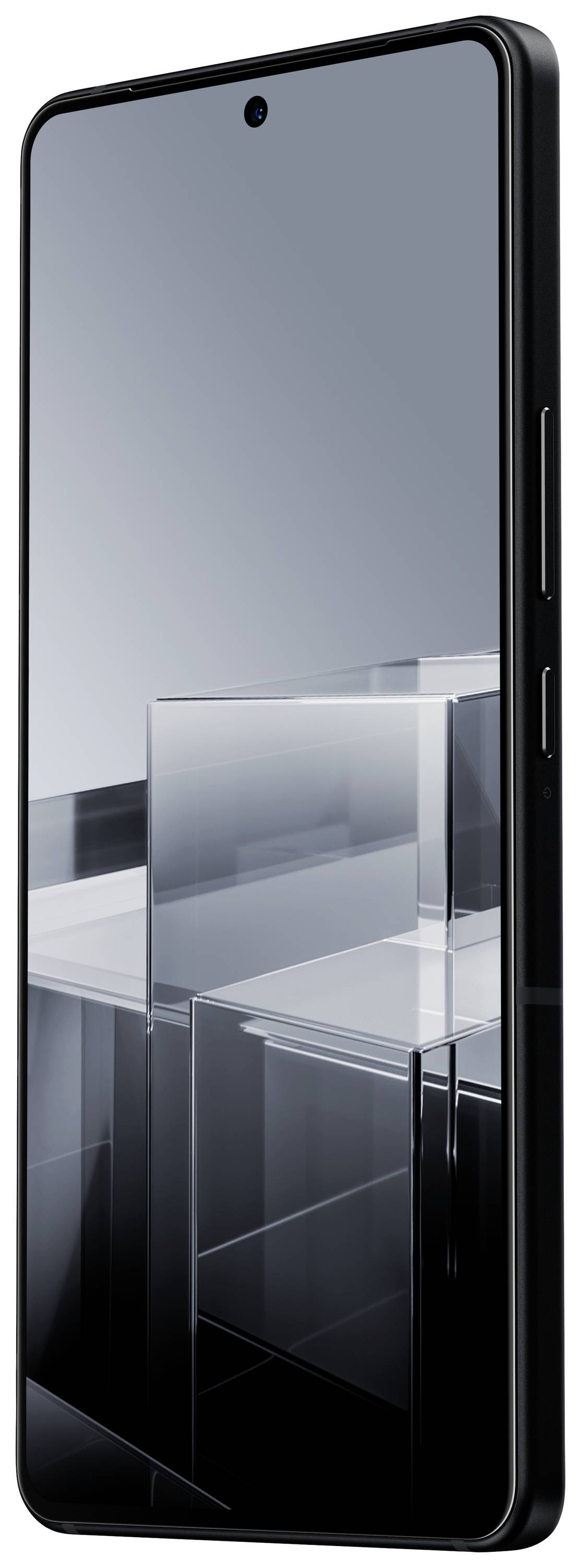 Schwarzes Smartphone mit großem Bildschirm in einem modernen Design. Klare Linien und rechteckige Formen im Hintergrund ergänzen das Aussehen.