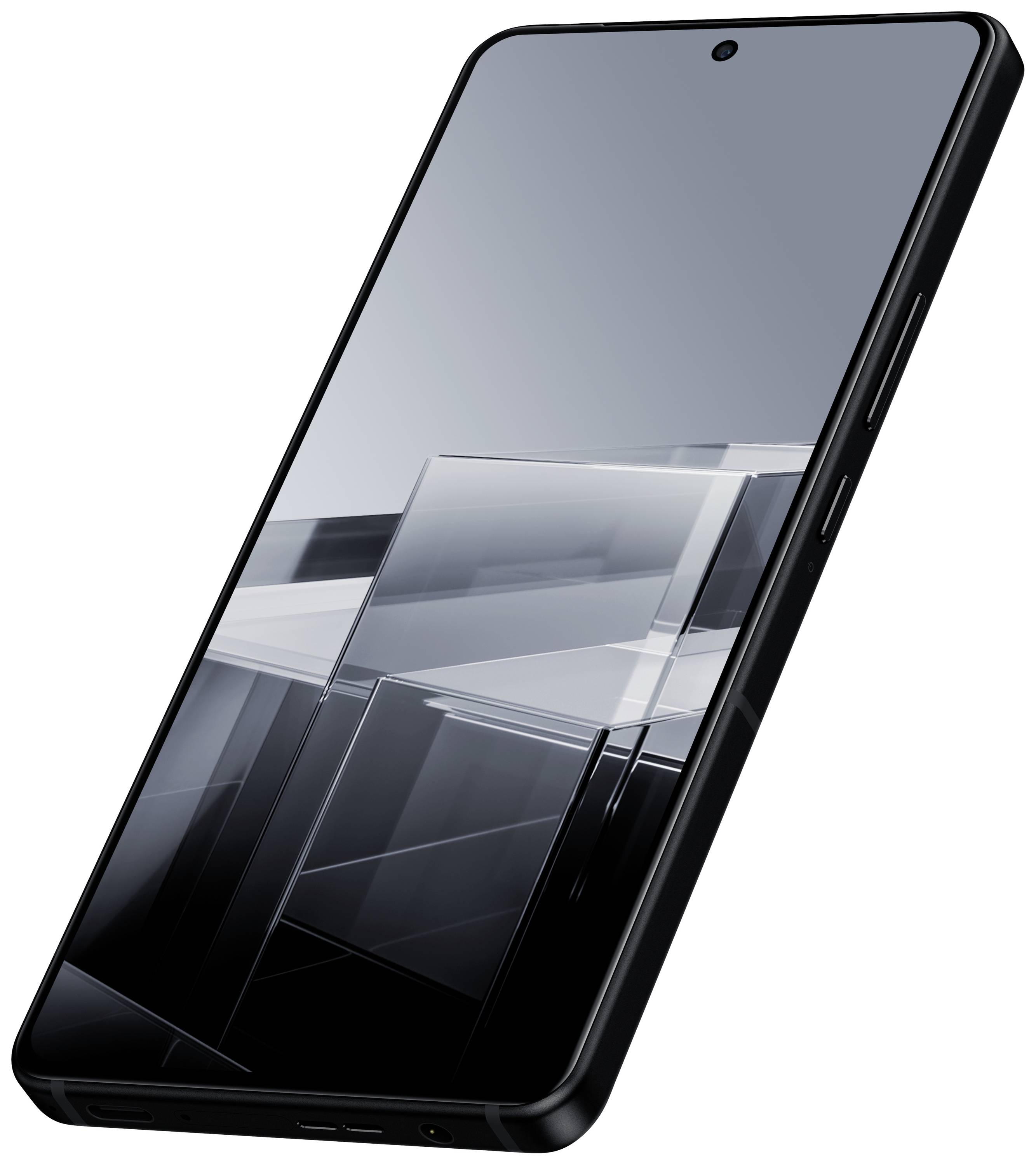 Ein modernes Smartphone mit einem großen, randlosen Bildschirm, zeigt eine abstrakte, reflektierende Grafik auf dem Display.