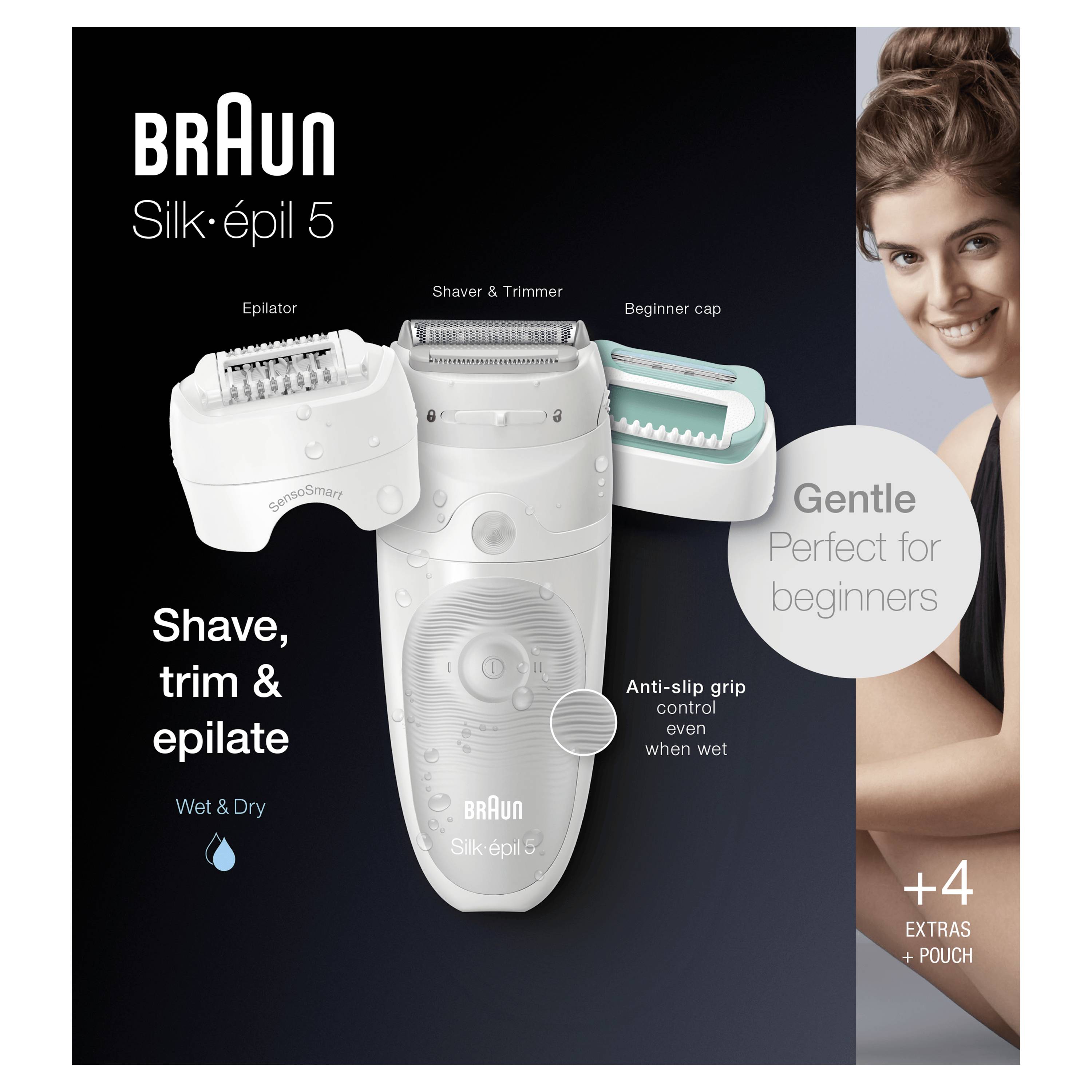 'Verpackung für Braun Silk-épil 5. Zeigt Epilierer mit Aufsätzen. Text: 'Shave, trim & epilate', 'Gentle Perfect for beginners'.'