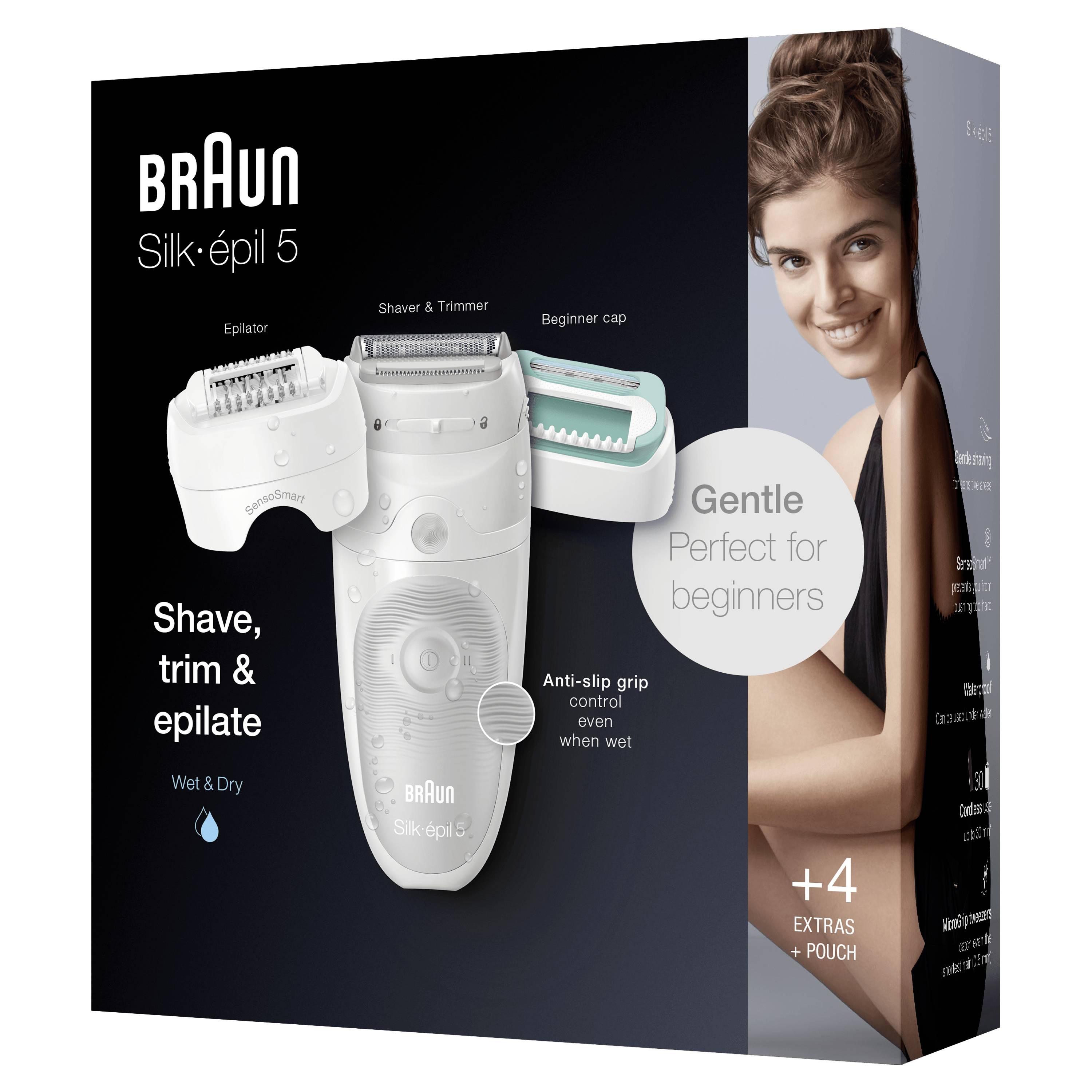 'Darstellung einer Braun Silk-épil 5 Verpackung. Enthält Epilierer, Rasierer und Trimmer. Geeignet für Anfänger, beschriftet als sanft.'