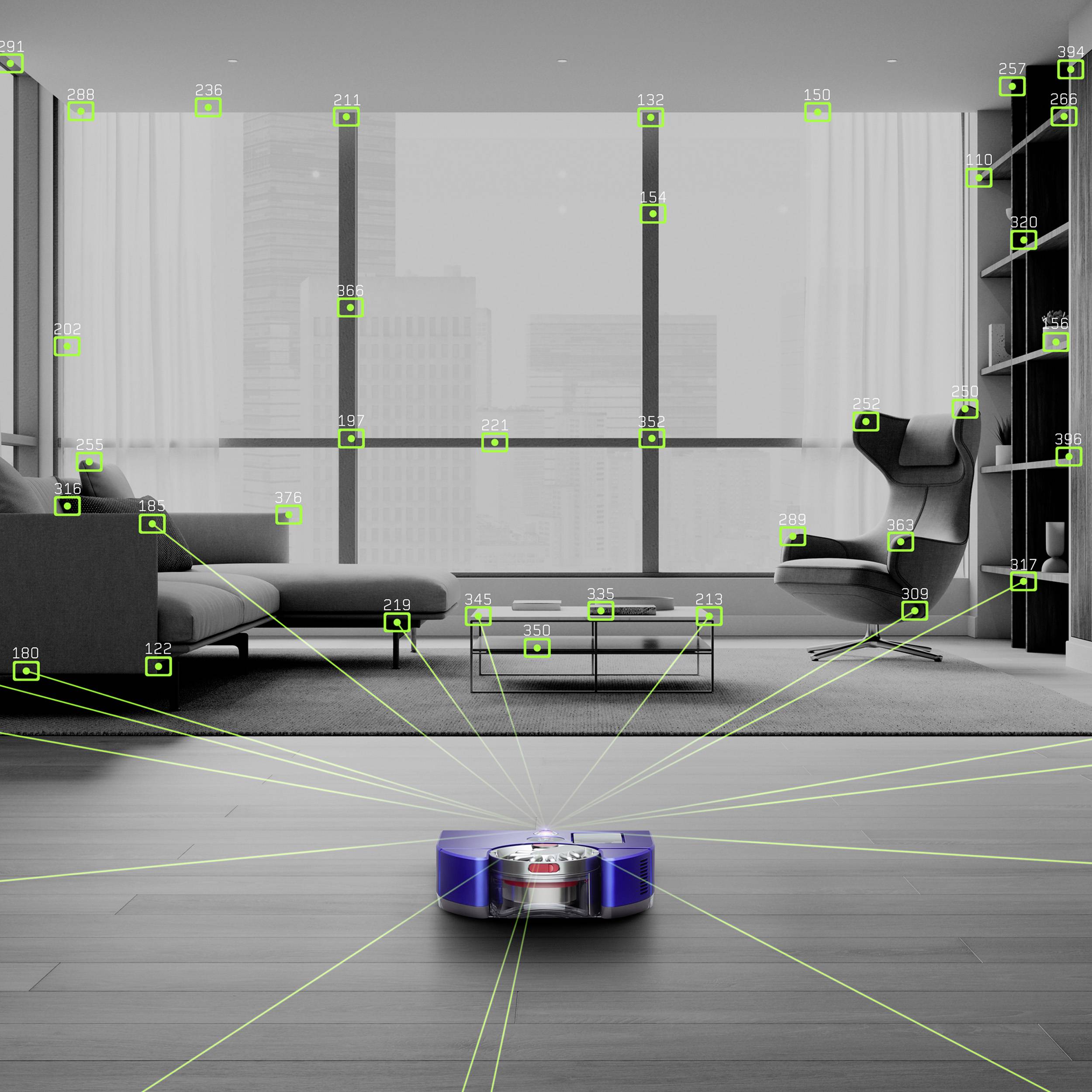 Ein Roboterstaubsauger navigiert autonom durch ein Wohnzimmer mit Möbeln und Fensterfront im Hintergrund, grün markierte Bereiche zeigen seine Erkennungs- und Navigationsfähigkeiten.