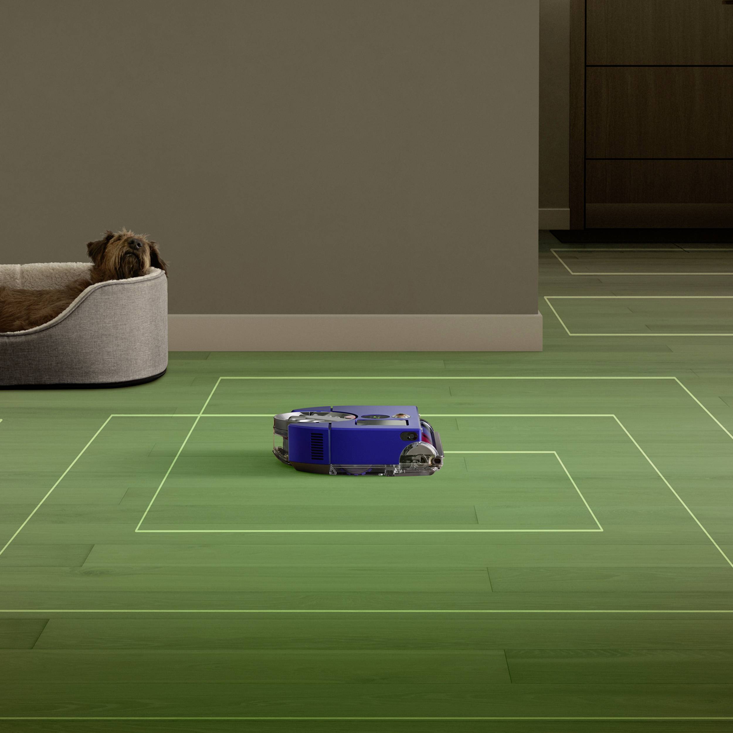 Ein Roboterstaubsauger fährt auf einem Parkettboden und umgeht eine tierische Hund auf einem Bettchen neben ihm.