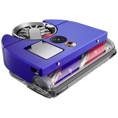 Ein blauer, rechteckiger Staubsaugerroboter mit sichtbaren Bürsten und einem Steuerknopf oben. Designed für die Reinigung von Teppichböden.