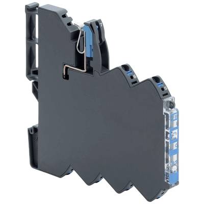 Schwarzes, rechteckiges elektronisches Bauteil mit blauen und silbernen Details, möglicherweise ein Relais oder Terminalblock.