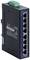 Industrie-Ethernet-Switch mit acht RJ45-Ports zur Netzwerkverbindung. Schwarzes Gehäuse mit Seriennummer und technischen Spezifikationen.