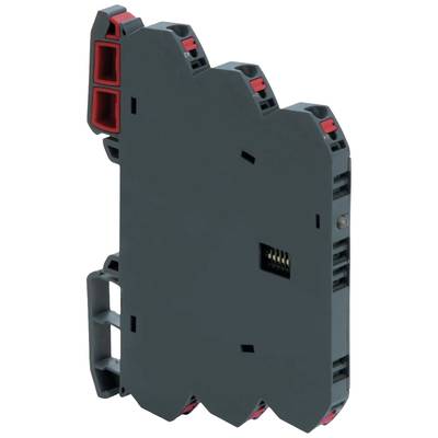 Ein schmaler, schwarzer elektronischer Baustein mit rotem und schwarzem Anschluss. Geeignet für den Einsatz in elektrischen Schaltschränken.
