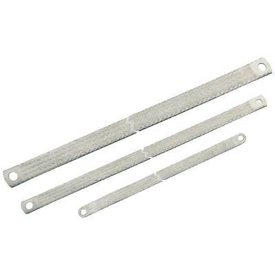 Drei metallene Erdungsbänder mit Ösen an beiden Enden liegen nebeneinander. Unterschiedliche Längen, gleiches Design.
