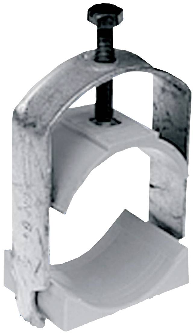 Metallklemme mit Gewindeschraube und Kunststoffeinlage, geeignet für Rohrmontage oder Befestigung an Maschinen und anderen Strukturen.