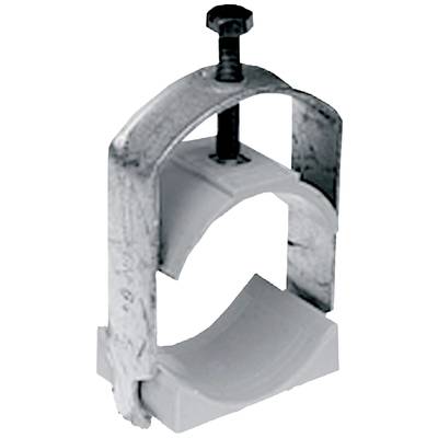Metallklemme mit Gewindeschraube und Kunststoffeinlage, geeignet für Rohrmontage oder Befestigung an Maschinen und anderen Strukturen.