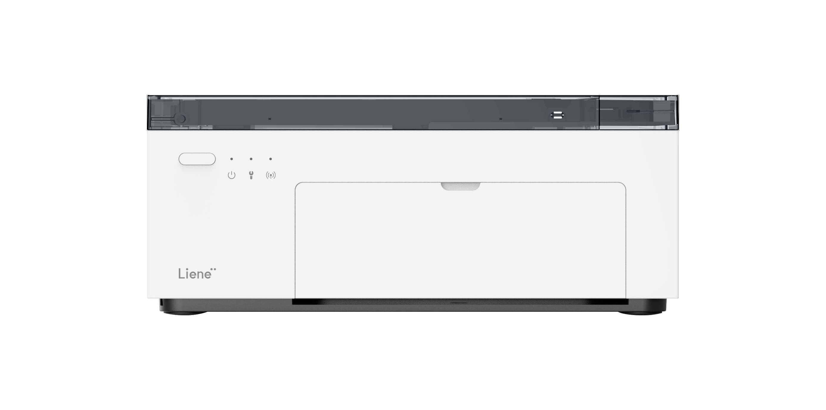 Ein weißer Drucker mit grauem Bedienfeld und LED-Anzeigen. Geeignet für Büro- oder Heimgebrauch.