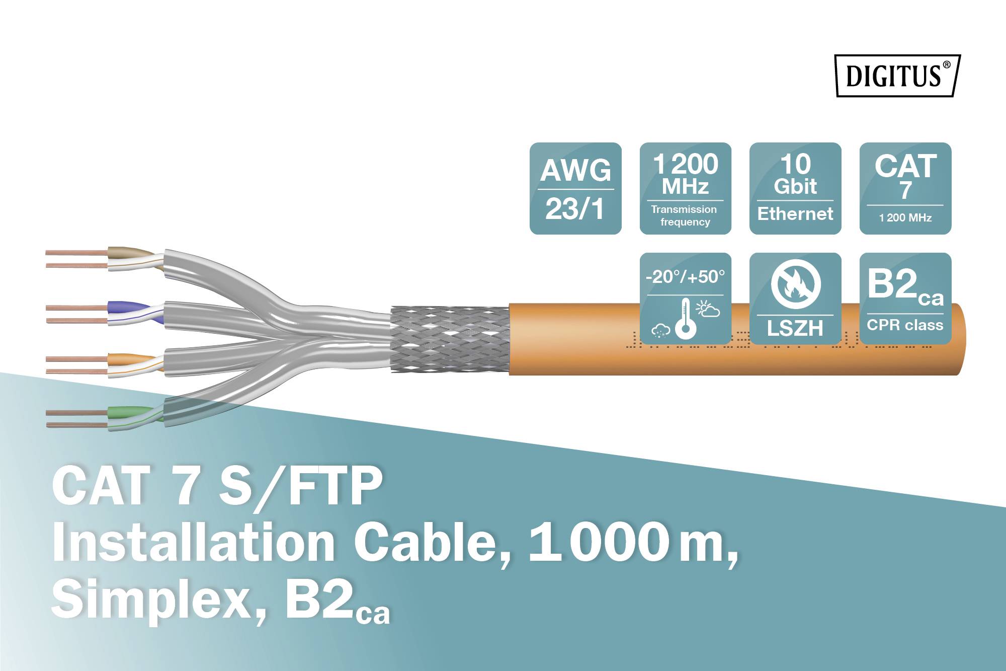 CAT 7 S/FTP Installationskabel, 1000m, Simplex, B2ca, geeignet für Ethernet mit 1200 MHz und 10 Gbit, -20 ° bis 50 °C, halogenfrei.