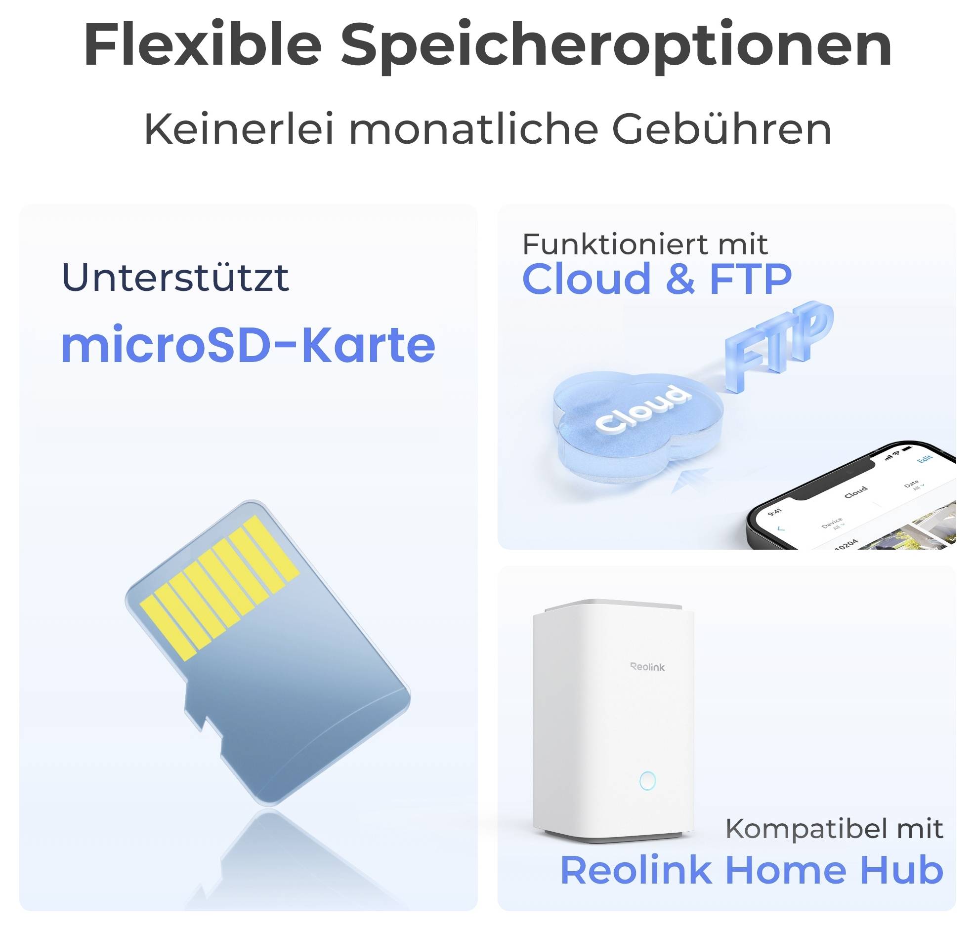 'Flexible Speicheroptionen' zeigt Optionen: microSD-Karten-Unterstützung, Cloud & FTP-Funktionalität, Kompatibilität mit Reolink Home Hub.