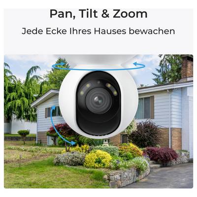 Schwenk-, Neige- und Zoom-Kamera in einer Gartenumgebung, die Außenüberwachung veranschaulicht, mit dem Text 'Jede Ecke Ihres Hauses bewachen.'