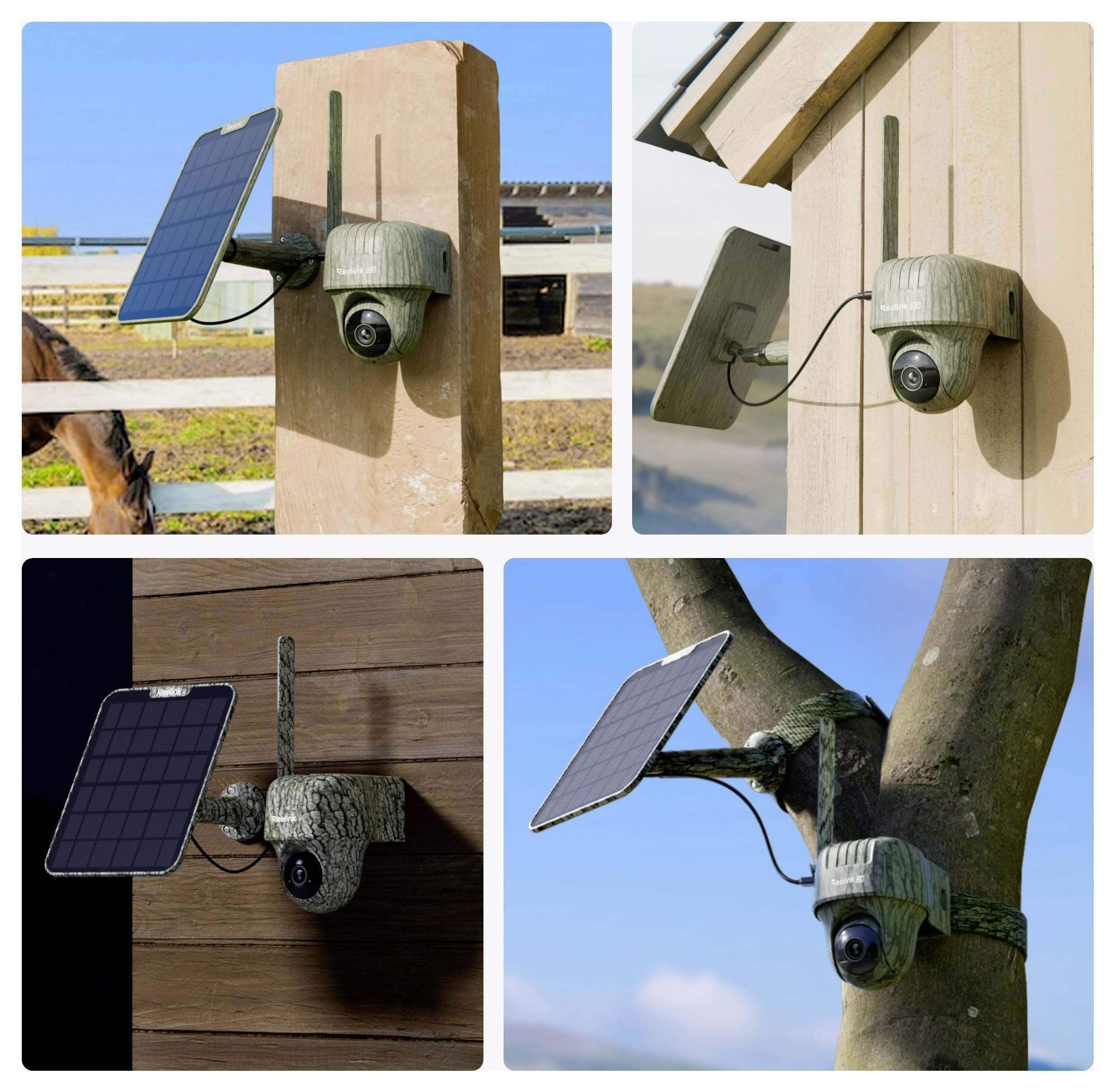 Vier verschiedene Sicherheitskameras mit Solarpanels sind im Freien auf unterschiedlichen Oberflächen montiert: Holzpfählen, einem Gebäude und einem Baum.