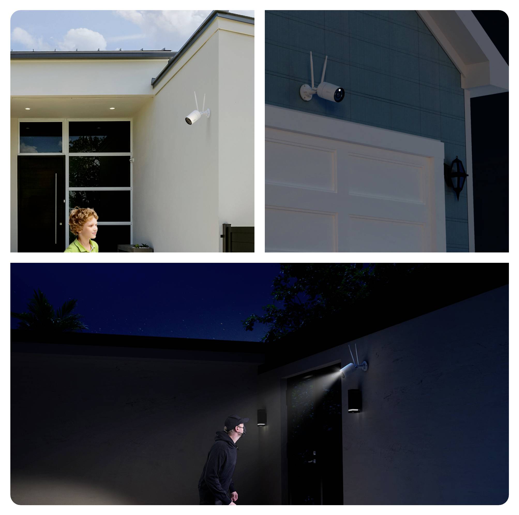 Sicherheitskameras für das Haus, dargestellt bei Tag und Nacht. Kameras überwachen den Haupteingang, die Garage und den Seiteneingang und erhöhen so die Sicherheit.