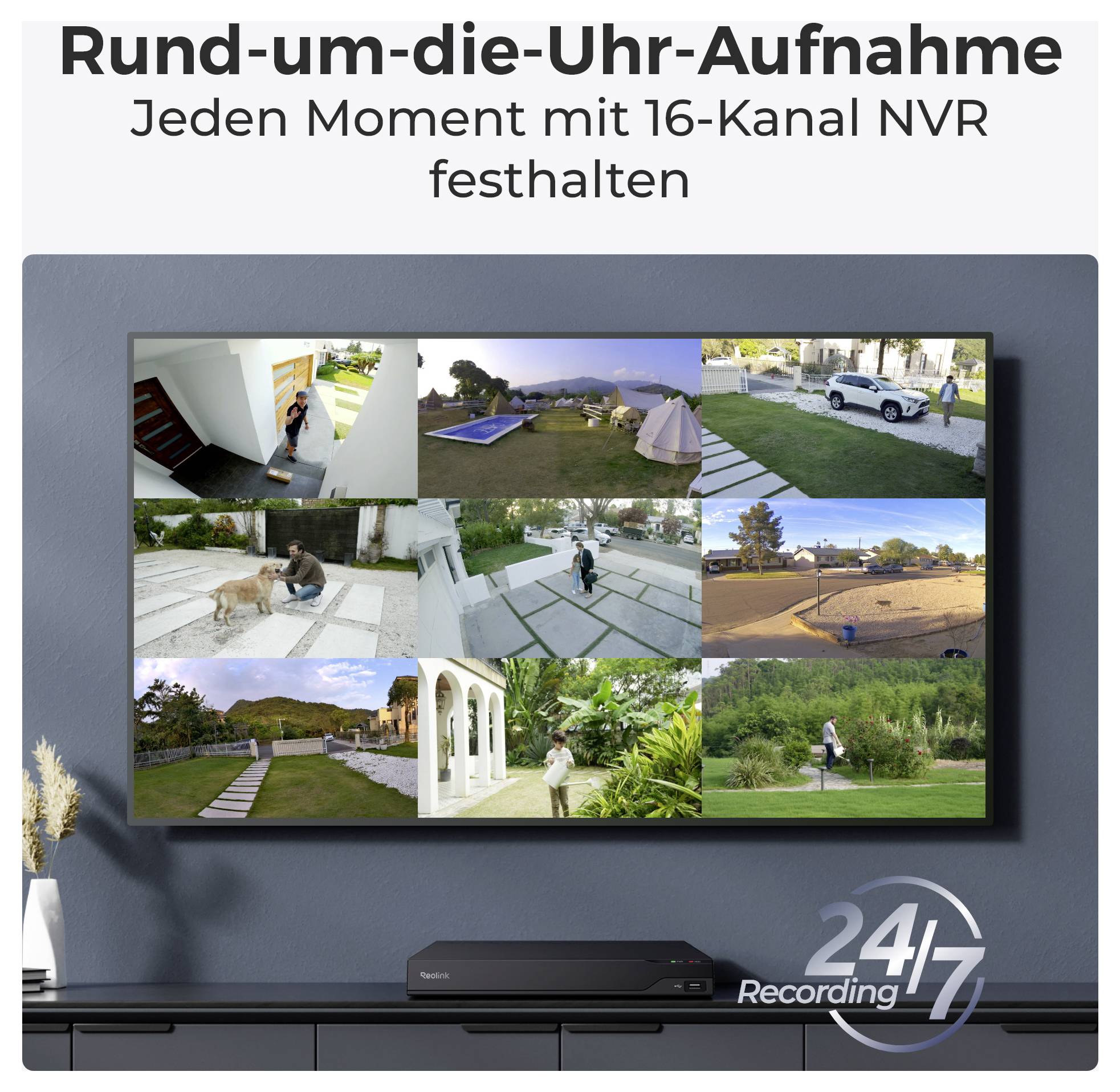 Ein an der Wand montierter Monitor zeigt neun Überwachungskameraaufnahmen, die verschiedene Außenszenen darstellen. Der Text lautet 'Rund-um-die-Uhr-Aufnahme Jeden Moment mit 16-Kanal NVR festhalten'. Unterhalb ist ein Aufnahmegerät abgebildet.