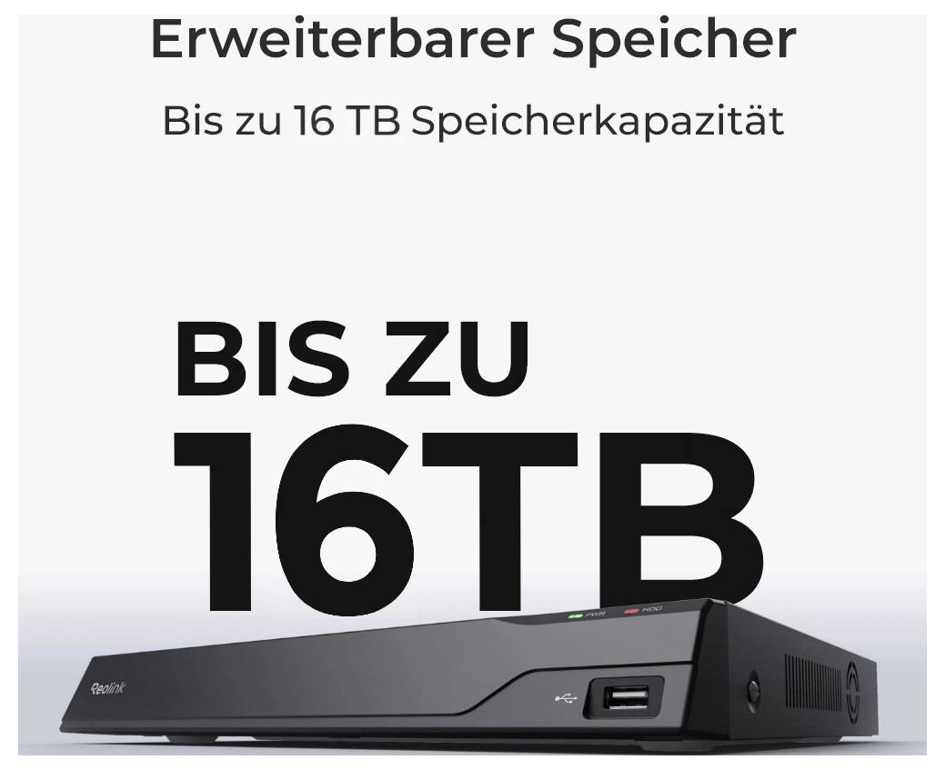 Ein schwarzes externes Speichergerät ist zu sehen, mit Text darüber, der lautet: 'Erweiterbarer Speicher Bis zu 16 TB Speicherkapazität'.